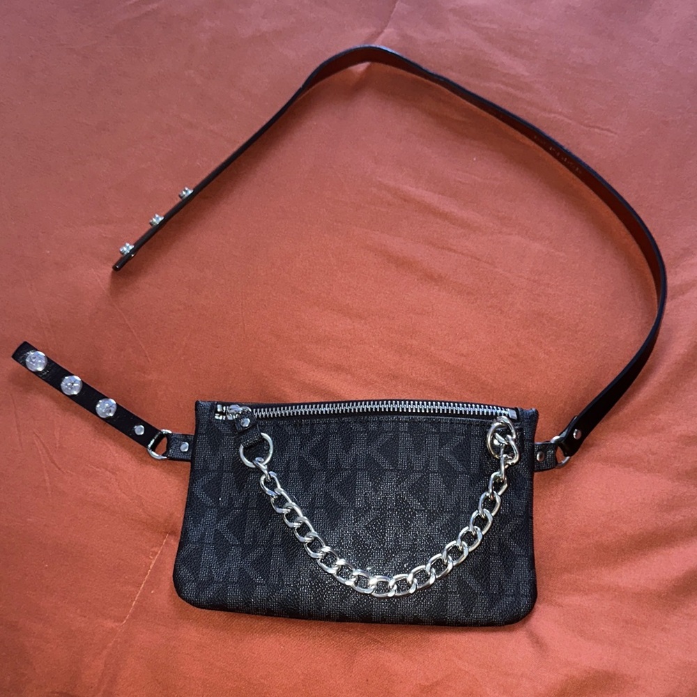 Michael Kors Monogram Black Belt Bag with Bold Silver Chain Detail